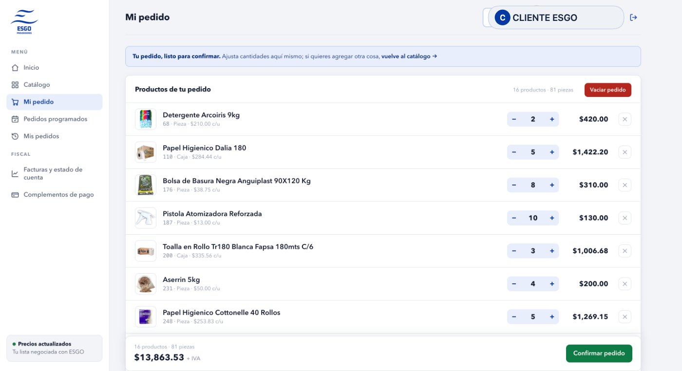 Portal de clientes ESGO: pedido en curso con cantidades y subtotal